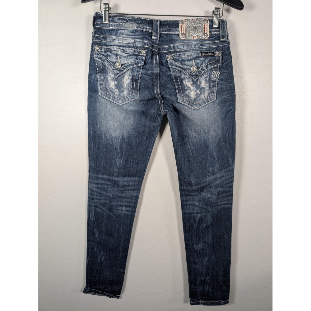 Miss Me Distressed Skinny Jeans in Dark Blue with Red Patch Accents - Picture 8 of 16